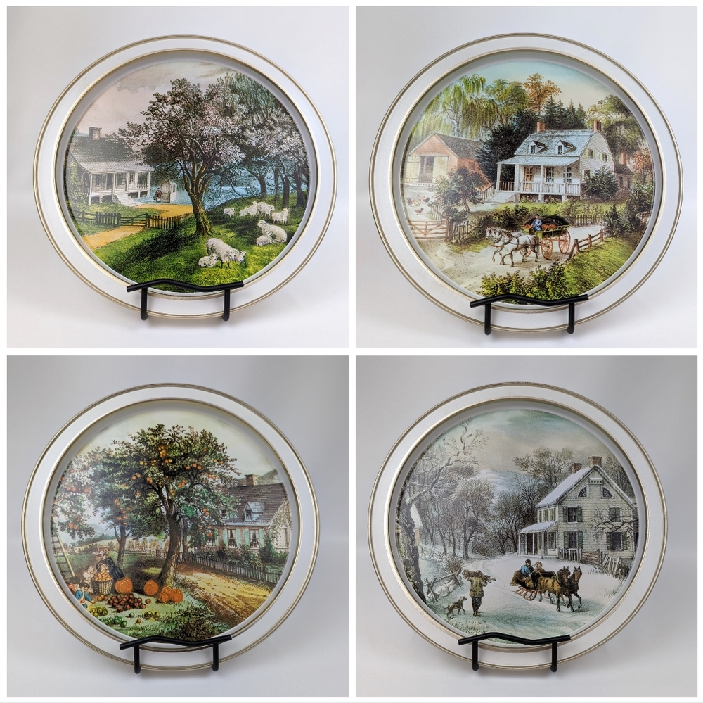 Currier and Ives Round Metal Trays Four Seasons The American Homestead Set of 4